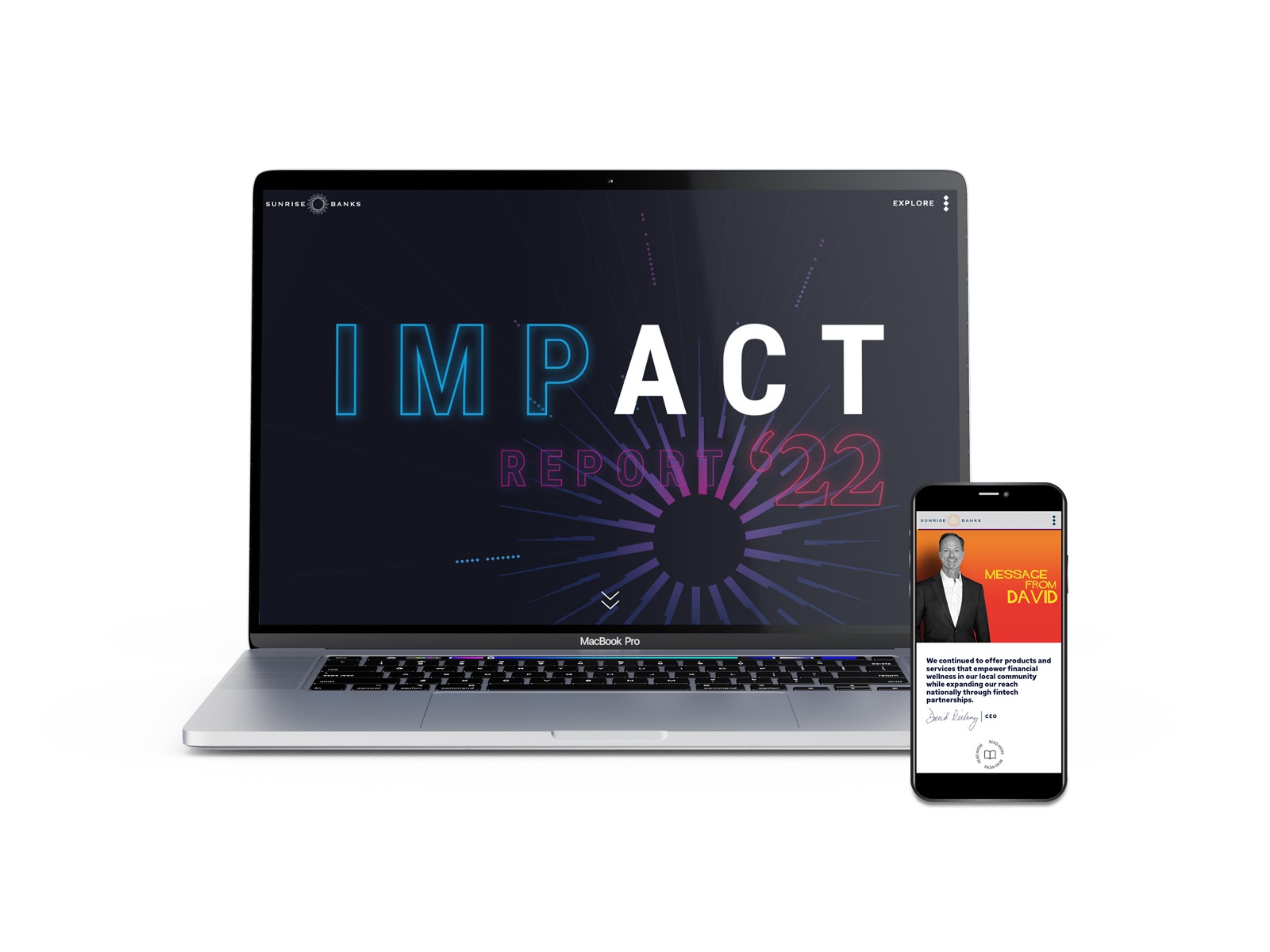 mockup of the 2022 sunrise banks impact report microsite on a mac book and an iphone