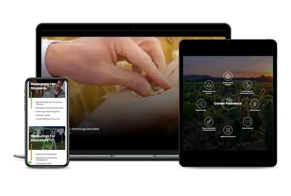 the agcentric website mocked up on a smartphone, tablet and laptop