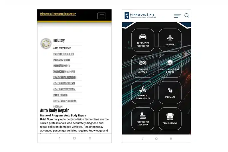 a before and after comparison of the mobile menu on the minnesota state transportation center of excellence website