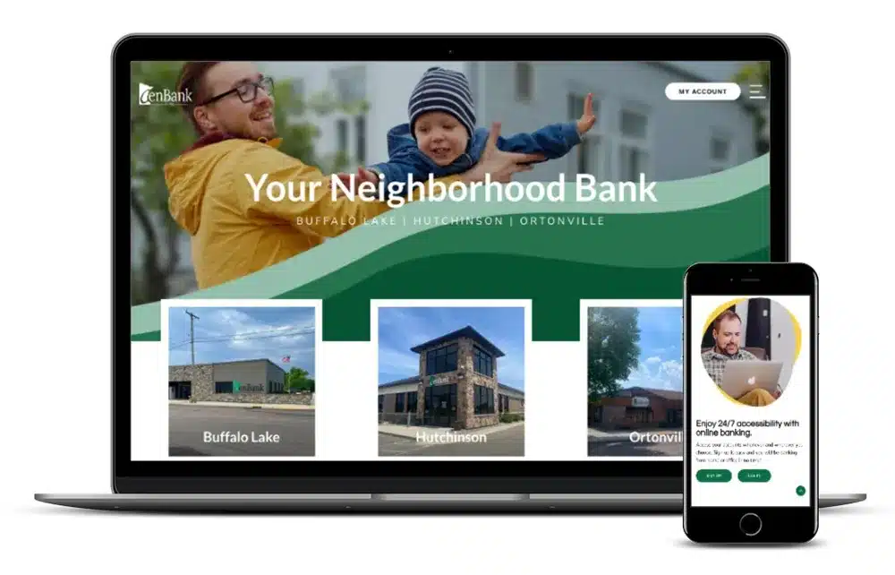 the cenbank website mocked up on a laptop and smartphone screen