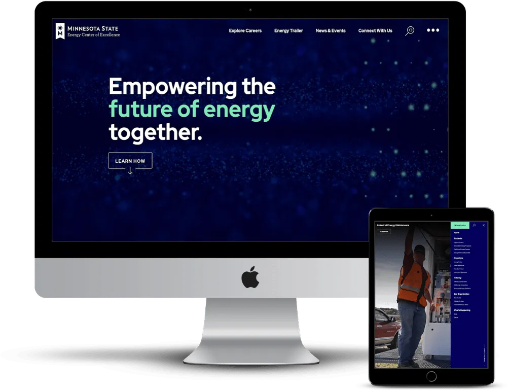 the minnesota state energy center of excellence website mocked up on a desktop screen and tablet
