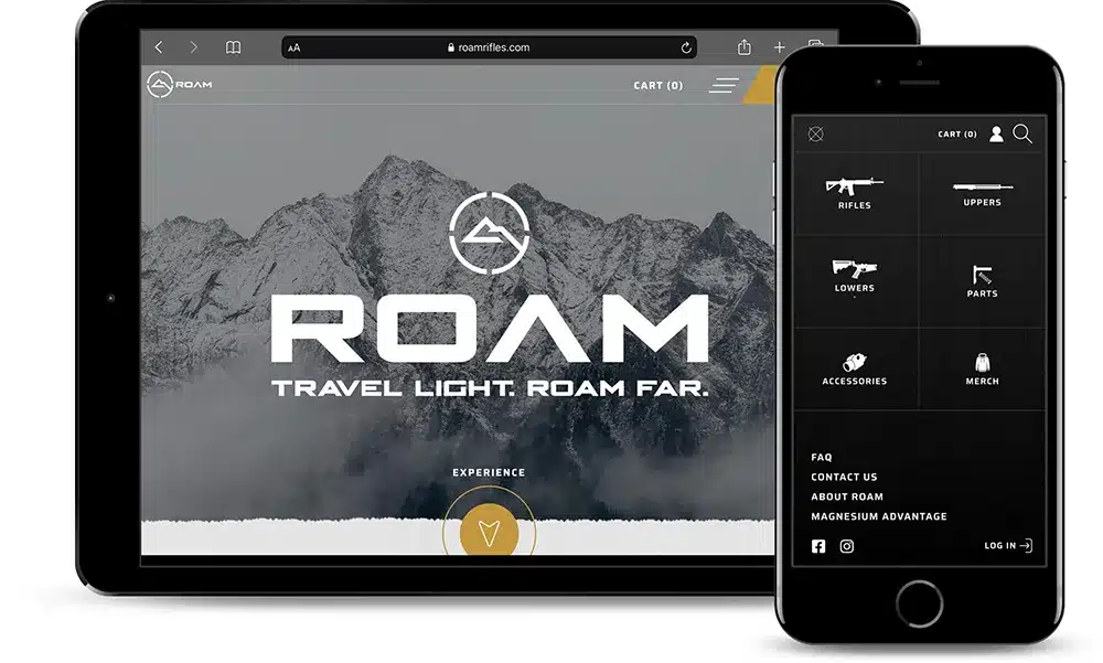 roam rifles website homepage and menu mocked up on a tablet and smart phone
