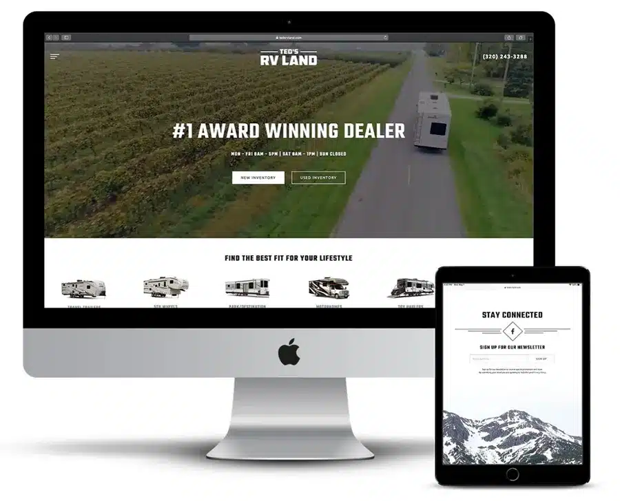 ted's rv land homepage on a large computer monitor and small tablet screen
