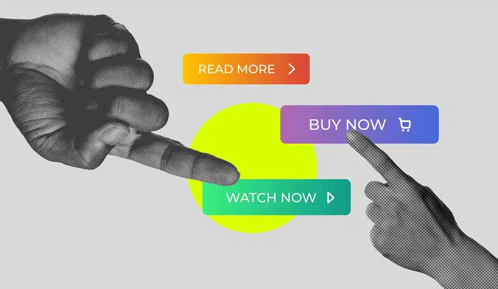 two hands pointing at various buttons that say "buy now" "watch now" and "read more"