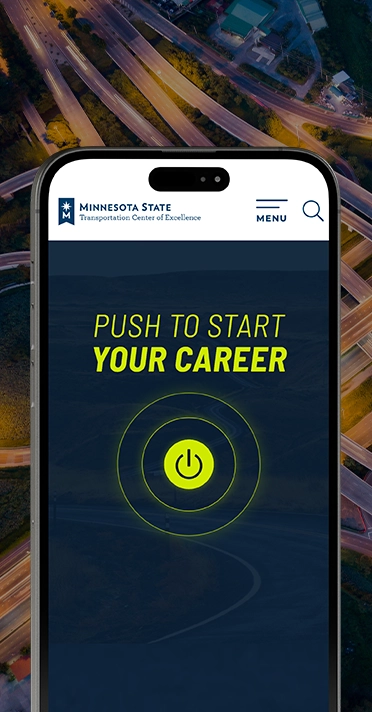phone screen view displaying the minnesota state transportation center of excellence website with arial view of roads in the background