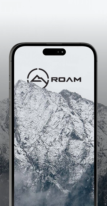 phone screen displaying the roam logo above a snowy mountaintop
