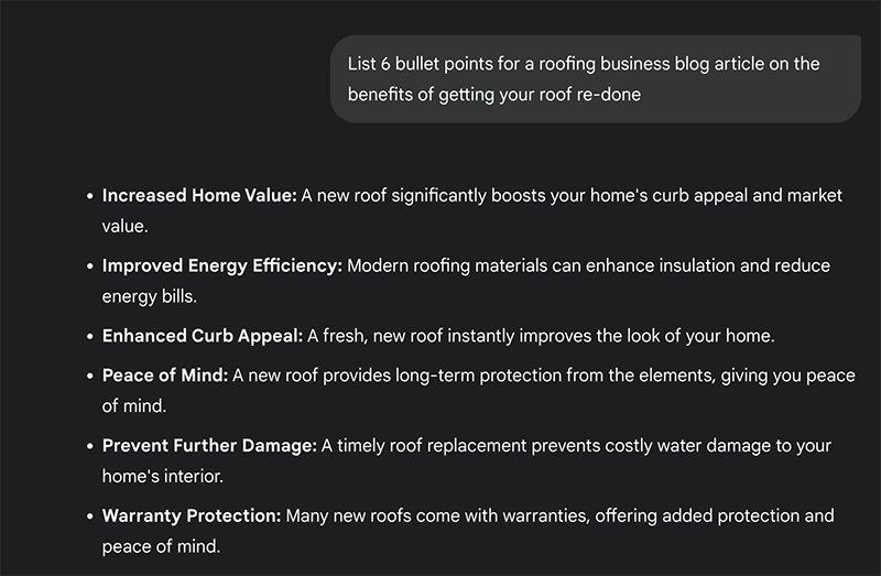 gemini-demo-bullet-points screenshot of an example of asking gemini to come up with 6 bullet points on the benefits of re-roofing your house