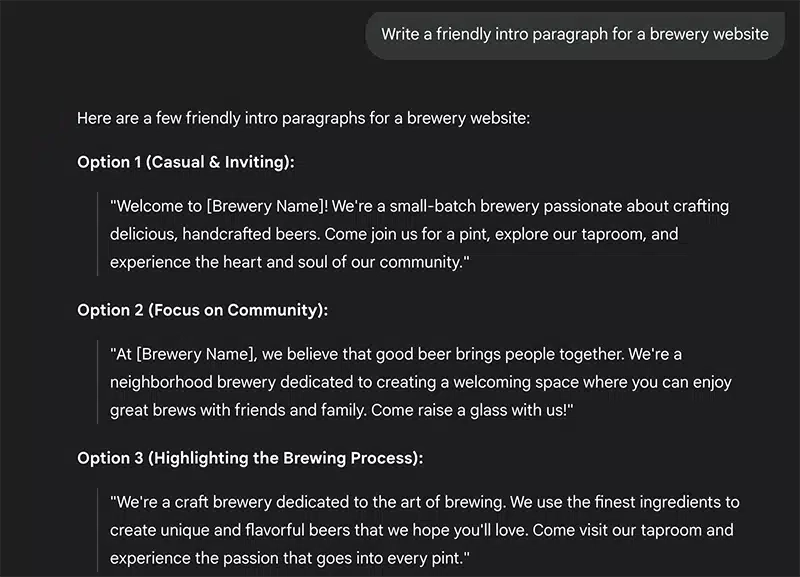 gemini-prompt-intro-example screenshot of a prompt asking gemini to create an intro to a brewery website