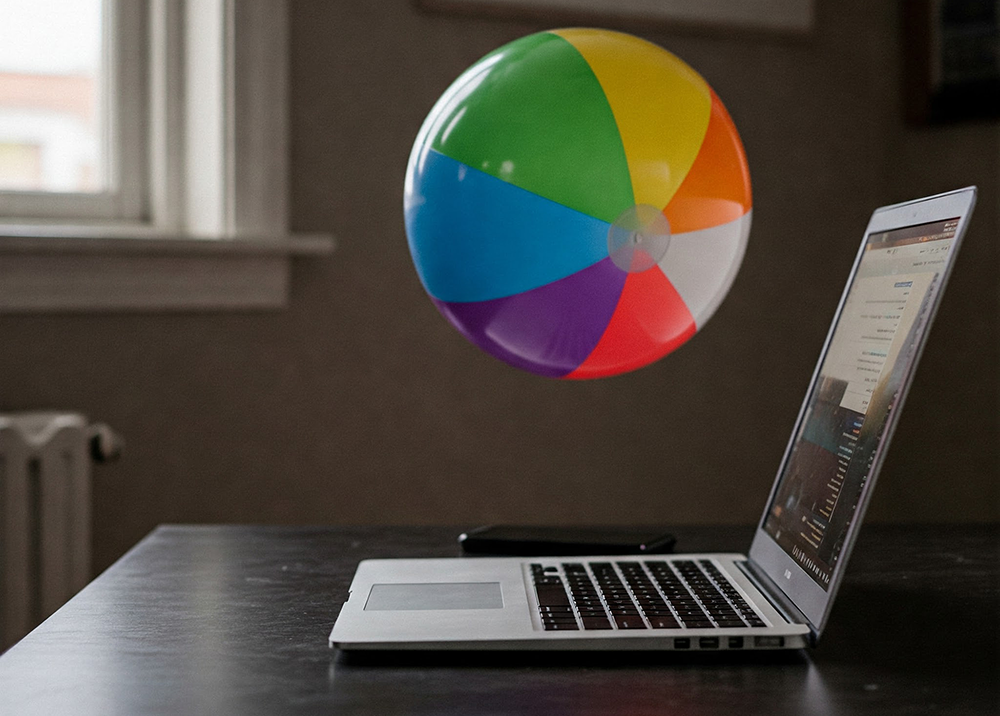 colorful beach ball bouncing over a laptop on a desk