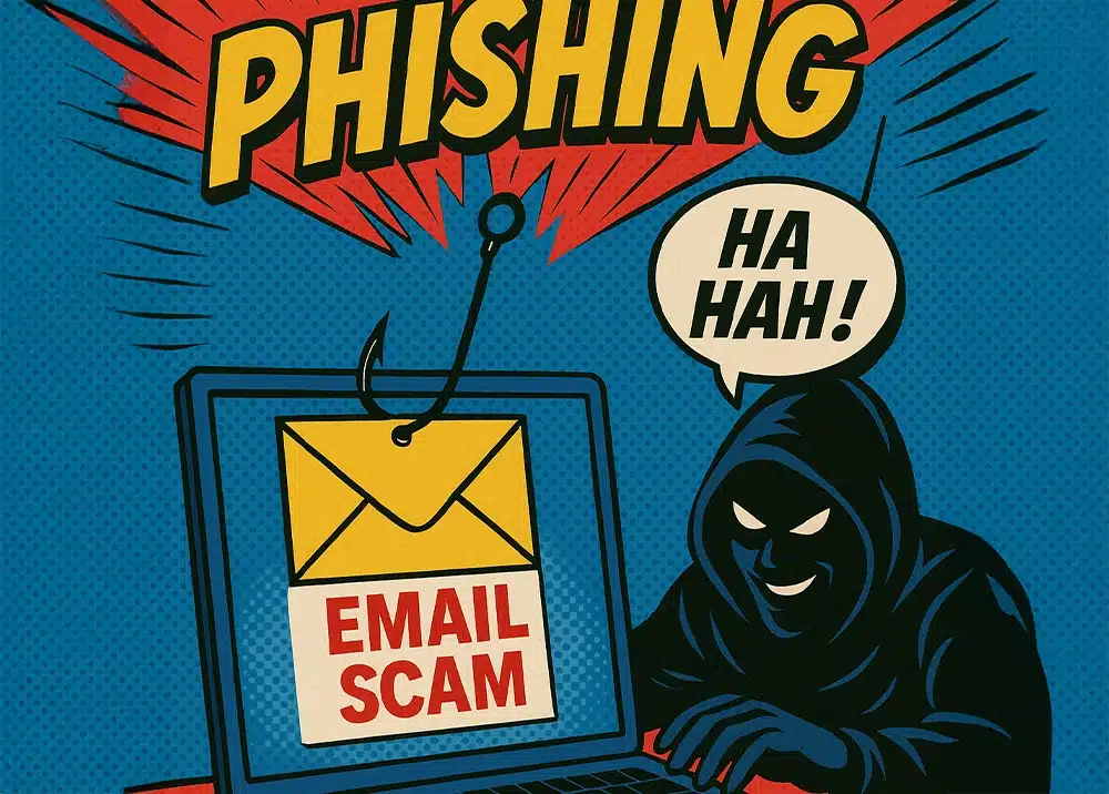 comic book style illustration of an internet hacker in front of a laptop displaying an email account