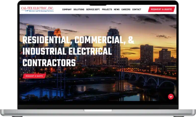 cal-tex electric homepage displayed on mac book pro screen that reads "residential, commercial & industrial electrical contractors"